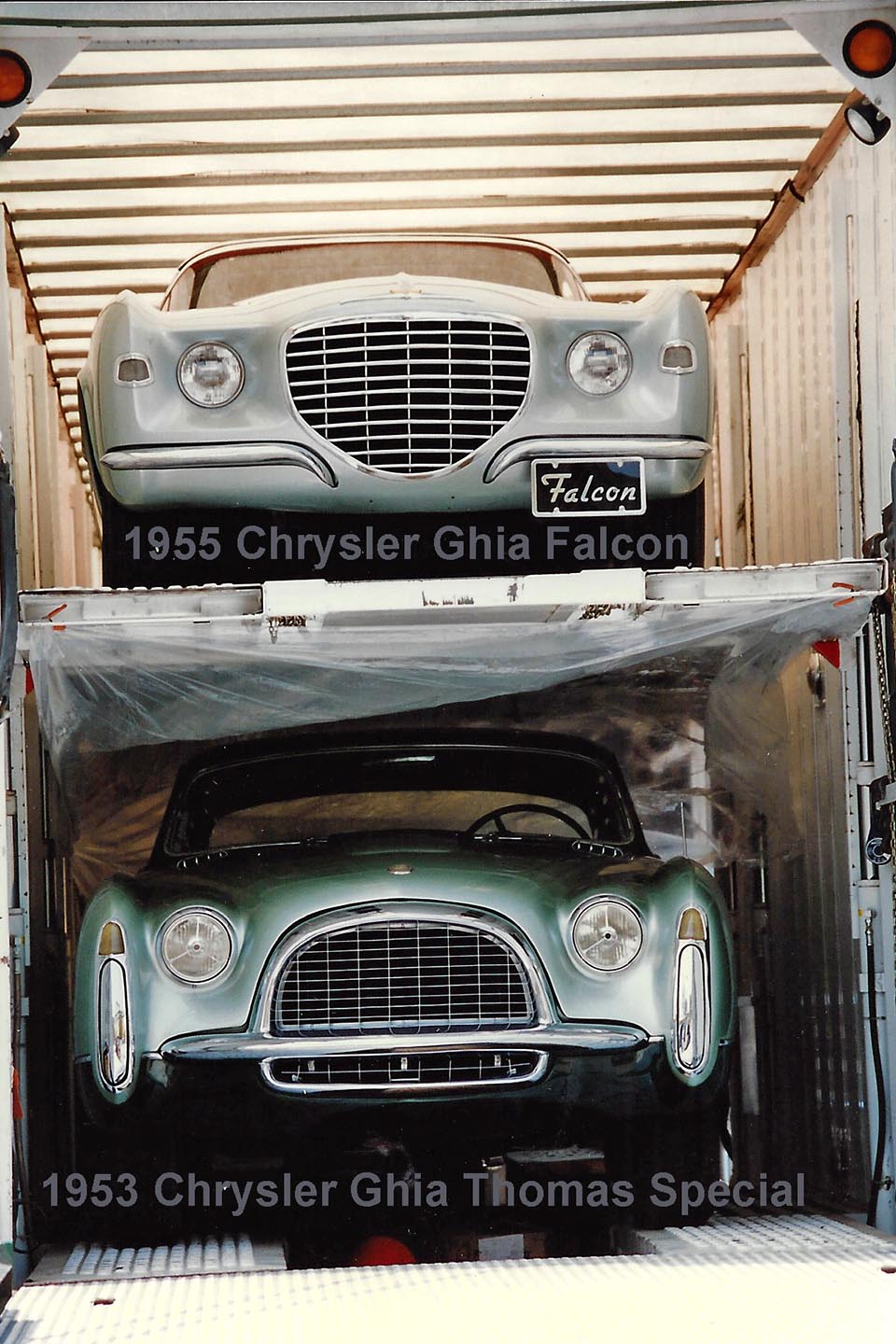 1955 Chrysler Ghia Falcon and 1953 Chrysler Ghia Thomas Special being delivered to the museum.